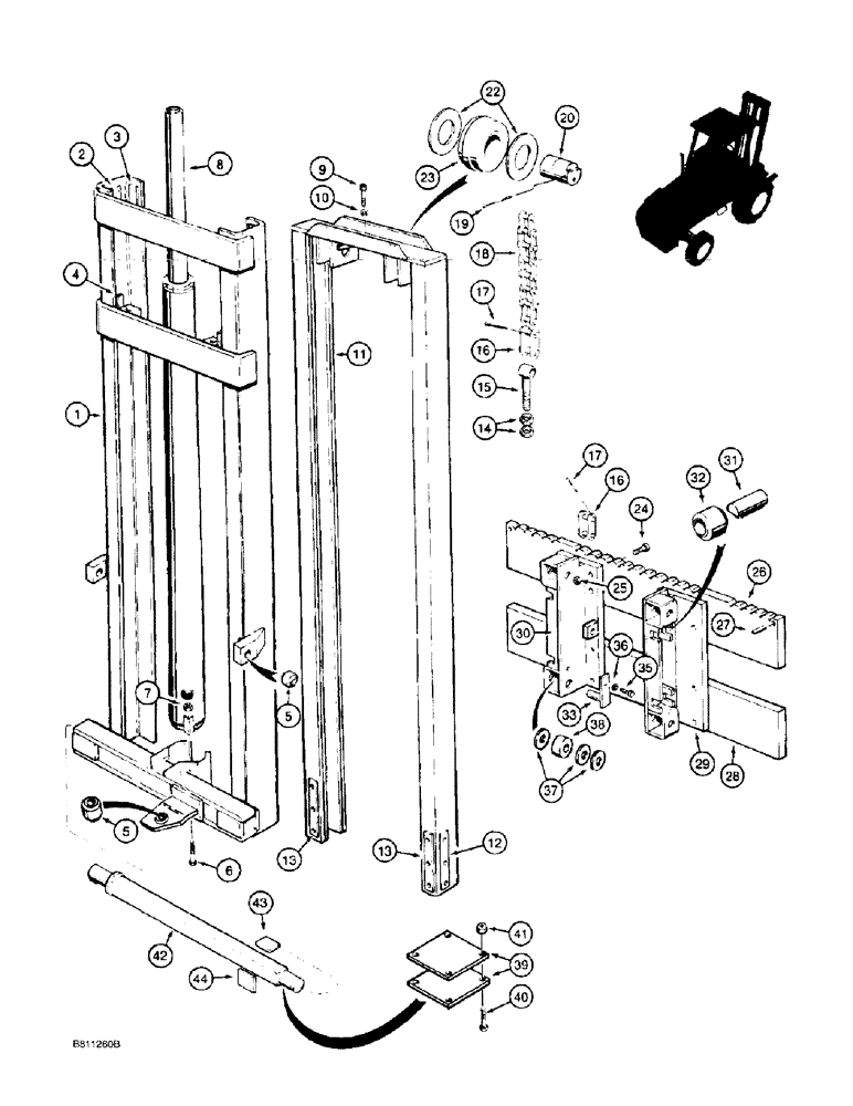 Схема запчастей Case 585E - (9-048) - 4.3 M (14-1/4 FOOT) MAST FOR 585E, MODELS WITH SINGLE LIFT CYLINDER (09) - CHASSIS/ATTACHMENTS
