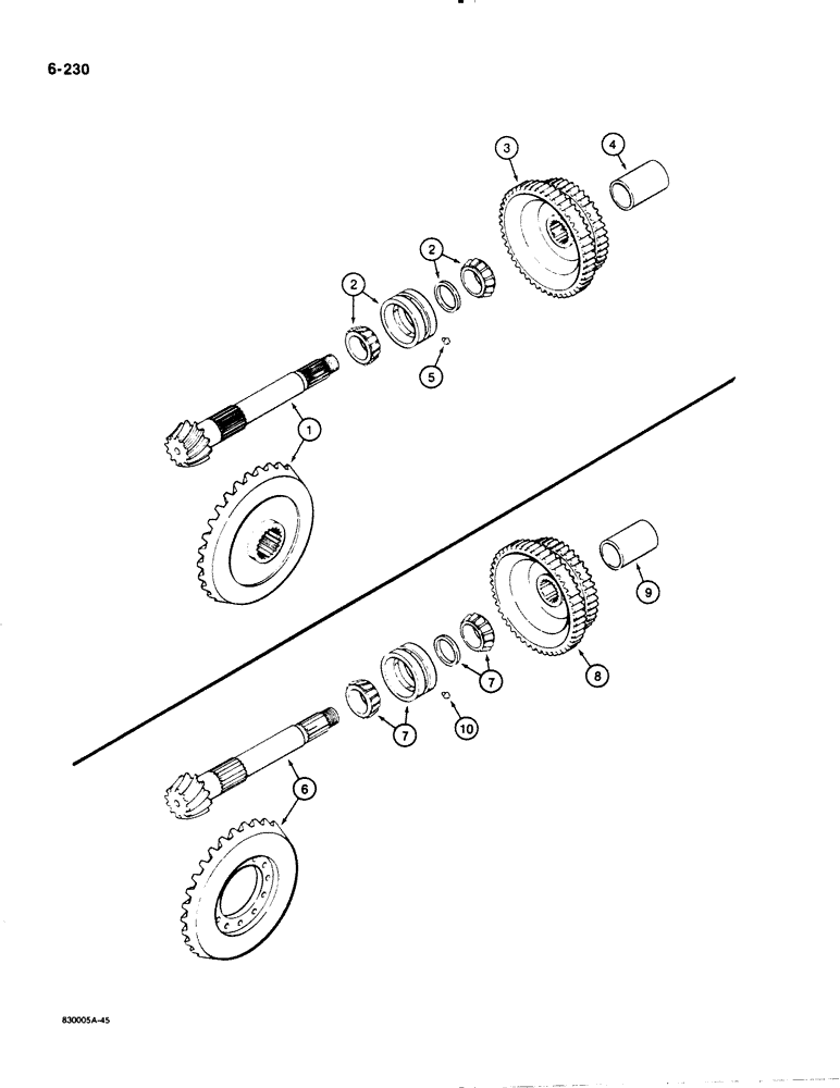 Схема запчастей Case 1450B - (6-230) - TRANSMISSION BEVEL PINION SHAFT AND GEAR, 1450B LOADER TRANS - G104460 W/O PLANETARY FINAL DRIVE (06) - POWER TRAIN