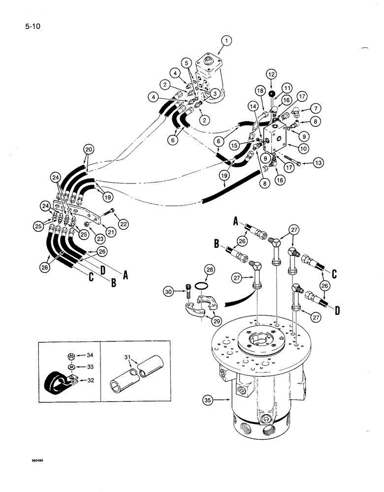 Схема запчастей Case 1085B - (5-010) - STEERING HYD. CIRCUIT,STEERING CNTRL. VALVE TO SWIVEL UNITS W/SPLIT FLANGE TUBE PORTS ON HYD. SWIVEL (05) - STEERING