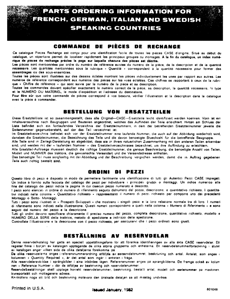 Схема запчастей Case 35A - (03) - PARTS ORDERING INFORMATION FOR FRENCH, GERMAN, ITALIAN AND SWEDISH SPEAKING COUNTRIES 