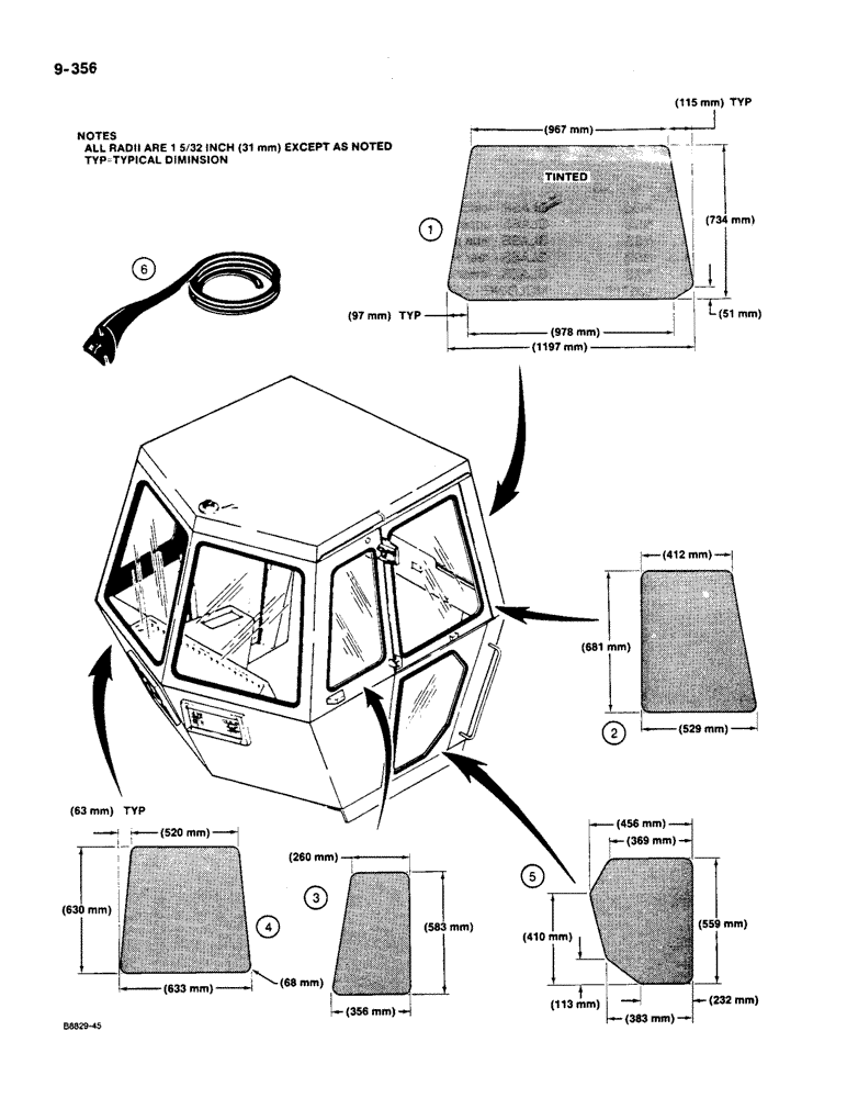 Схема запчастей Case W36 - (9-356) - CAB GLASS AND MOLDINGS, METRIC DIMENSIONS (09) - CHASSIS/ATTACHMENTS