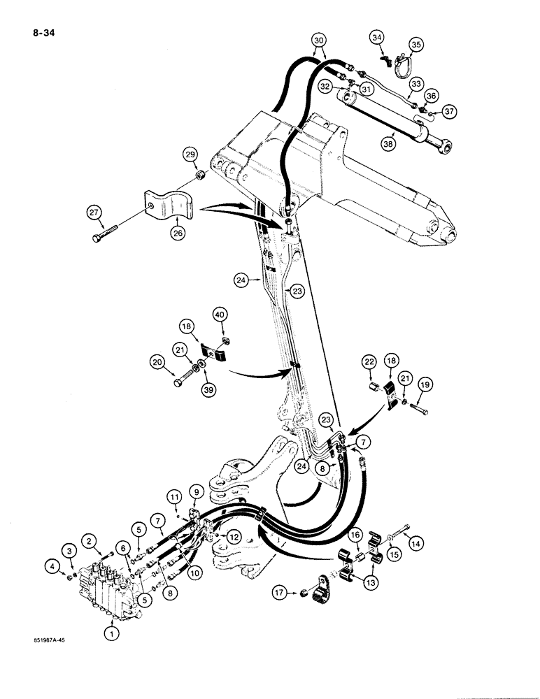 Схема запчастей Case 480E LL - (8-034) - BACKHOE BUCKET CYLINDER HYDRAULIC CIRCUIT, MODELS WITH EXTENDABLE DIPPER 480E MODELS ONLY (08) - HYDRAULICS