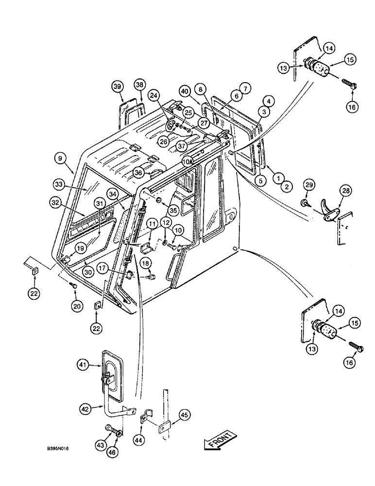 Схема запчастей Case 9010 - (9-42) - CAB REAR AND RIGHT-HAND SIDE GLASS, AND REAR VIEW MIRROR (09) - CHASSIS