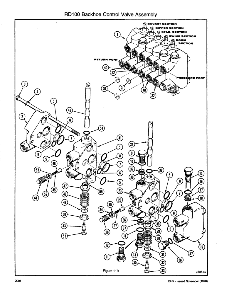 Схема запчастей Case DH5 - (238) - RD100 BACKHOE CONTROL VALVE ASSEMBLY (35) - HYDRAULIC SYSTEMS