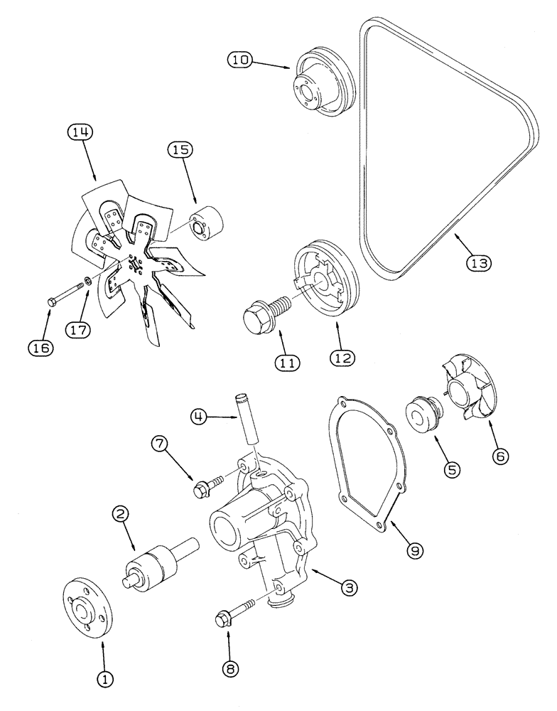 Схема запчастей Case 460 - (2-12) - WATER PUMP SYSTEM AND ENGINE COOLING FAN, KUBOTA V1505-B ENGINE (02) - ENGINE