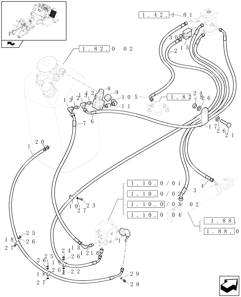Схема запчастей Case 321E - (1.42.0) - STEERING SYSTEM LINES (04) - FRONT AXLE
