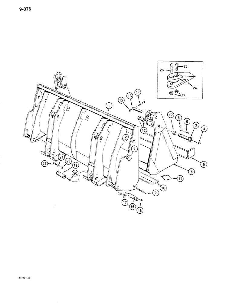 Схема запчастей Case 680K - (9-376) - CLAM BUCKET - L76489, 1-1/4 CUBIC YARD (09) - CHASSIS/ATTACHMENTS