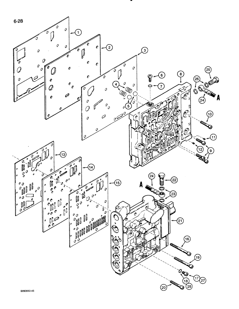 Схема запчастей Case 821 - (6-028) - TRANSMISSION ASSEMBLY, VALVE PLATES AND HYDRAULICS, PRIOR TO P.I.N. JAK0024165 (06) - POWER TRAIN
