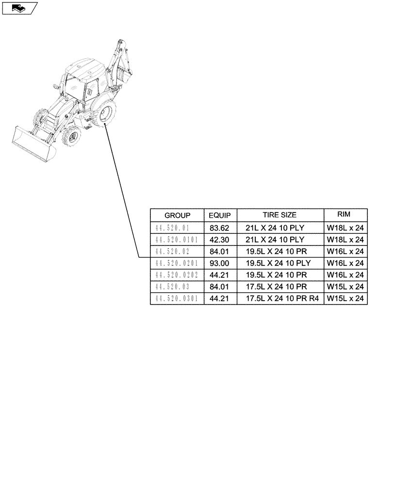 Схема запчастей Case 590SN - (00.000.44[01]) - PICTORIAL INDEX - AXLE AND WHEELS - FRONT (00) - GENERAL & PICTORIAL INDEX