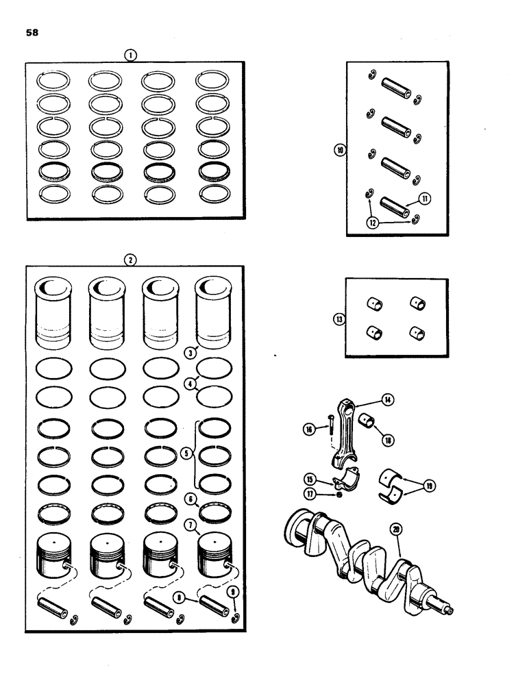 Схема запчастей Case 480B - (058) - PISTON ASSEMBLY AND CONNECTION RODS, (148B) SPARK IGNITION ENGINE 