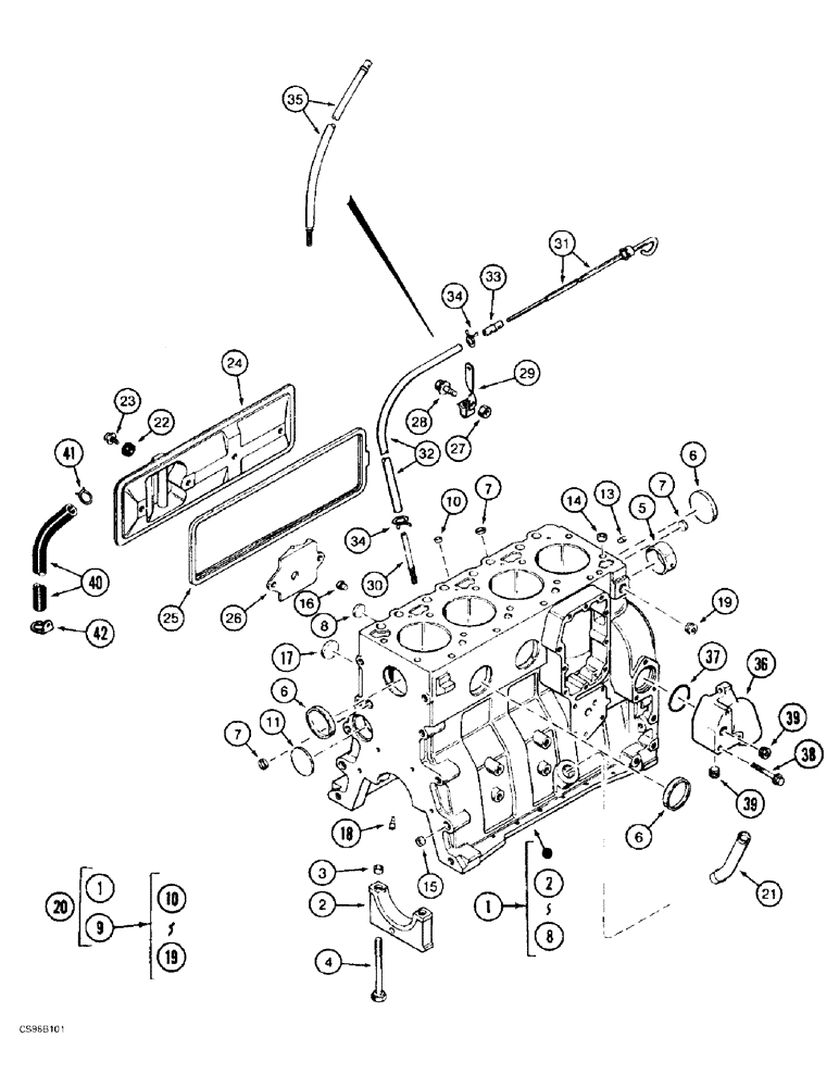 Схема запчастей Case 688BCK - (2-38) - CYLINDER BLOCK, 688B CK (120301-) (01) - ENGINE