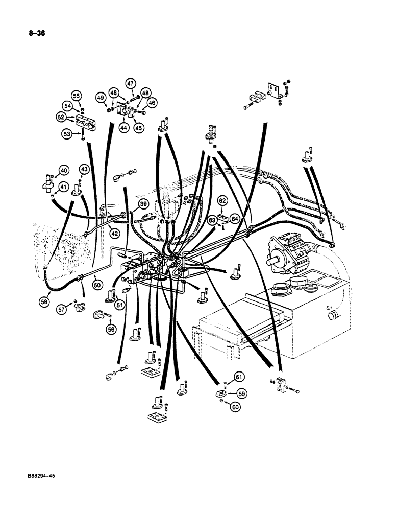 Схема запчастей Case 125B - (8-036) - HYDRAULIC PUMP LINES, P.I.N. 74631 THROUGH 74844 (08) - HYDRAULICS