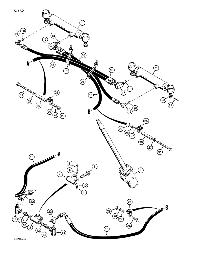 Схема запчастей Case 680K - (5-152) - STEERING HYDRAULIC CIRCUIT, STEERING CONTROL VALVE TO CYL., HOSES MOUNTED BEHIND STEERING CYL. (05) - STEERING