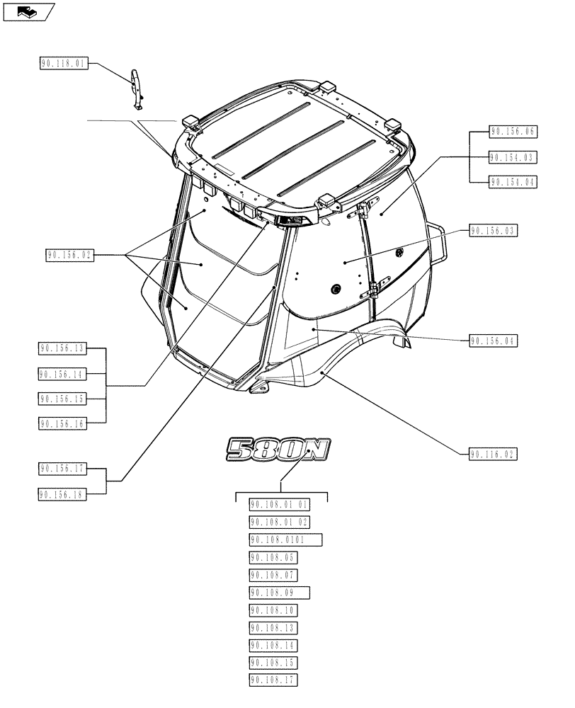 Схема запчастей Case 580SN WT - (00.000.90[04]) - PICTORIAL INDEX - PLATFORM, CAB, BODYWORK AND DECALS (00) - GENERAL & PICTORIAL INDEX