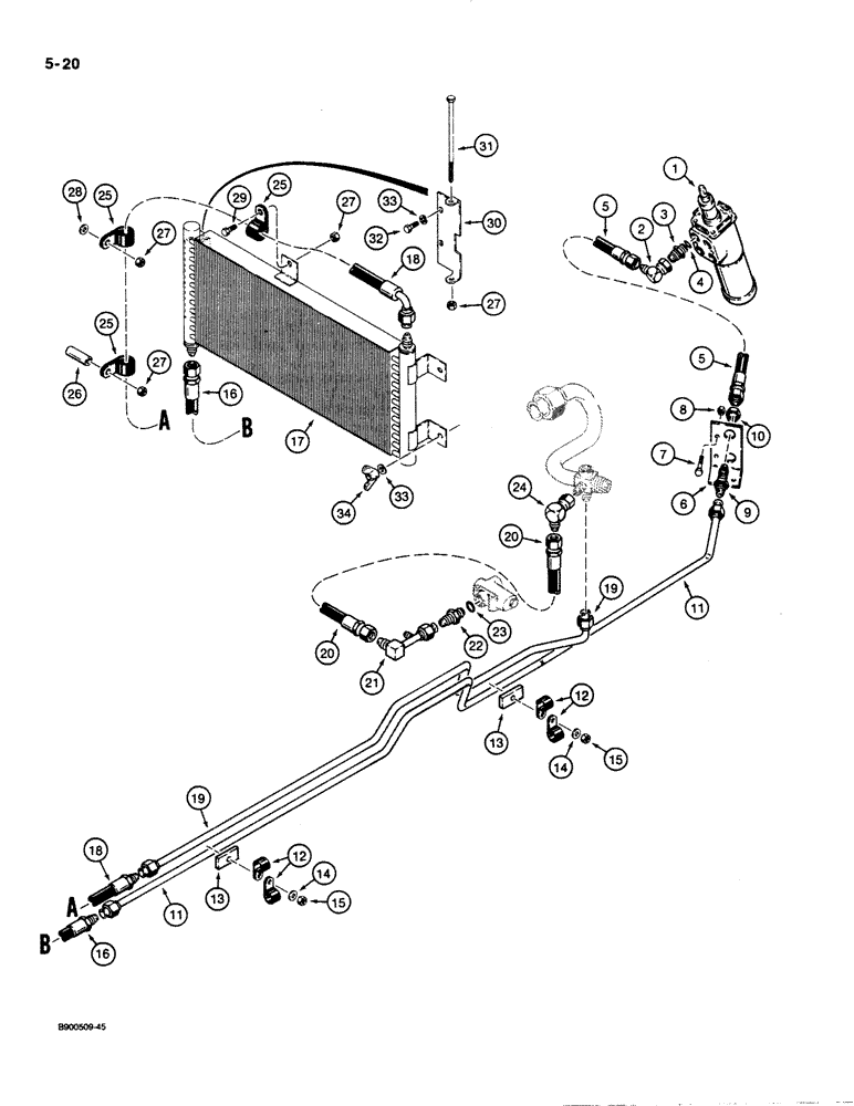 Схема запчастей Case 621 - (5-20) - STEERING HYDRAULIC CIRCUIT, RETURN LINE AND COOLER, P.I.N. JAK0021337 AND AFTER (05) - STEERING