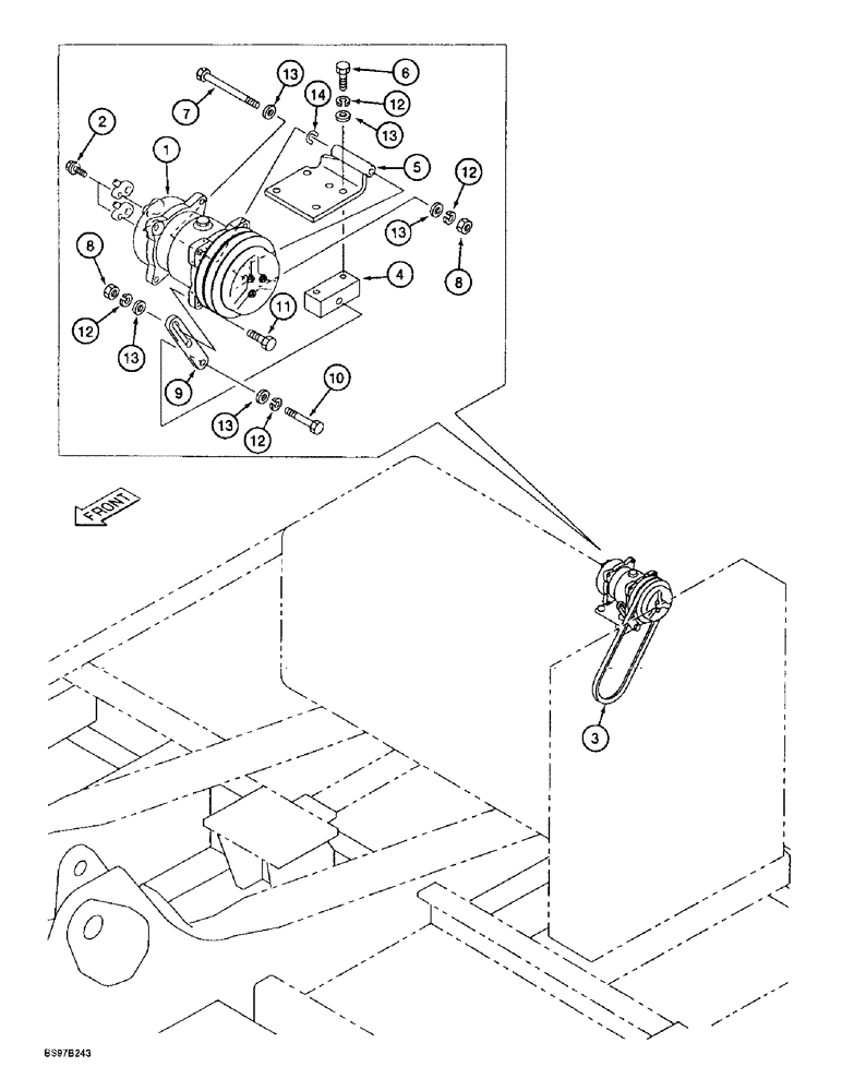 Схема запчастей Case 9010B - (9-076) - AIR CONDITIONER COMPRESSOR MOUNTING, PRIOR TO P.I.N. DAC01#2001 (09) - CHASSIS