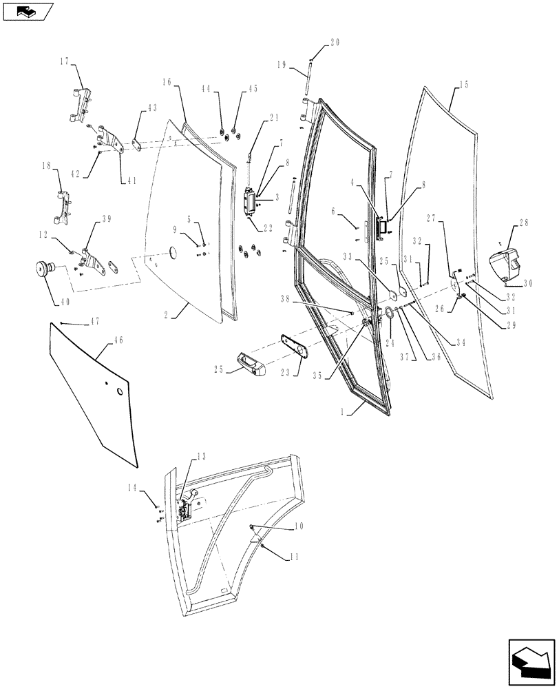 Схема запчастей Case 580SN - (90.154.07) - VAR - 747853 - CAB - DOORS (90) - PLATFORM, CAB, BODYWORK AND DECALS