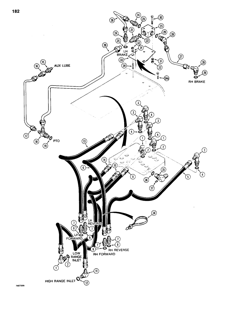 Схема запчастей Case 1150B - (182) - TRANS. HYDRAULIC CIRCUITS, REAR OF TRANS. TO VALVE & BRAKES, G100422 TRANS., TRANS. SN 2806173 & AFT (03) - TRANSMISSION