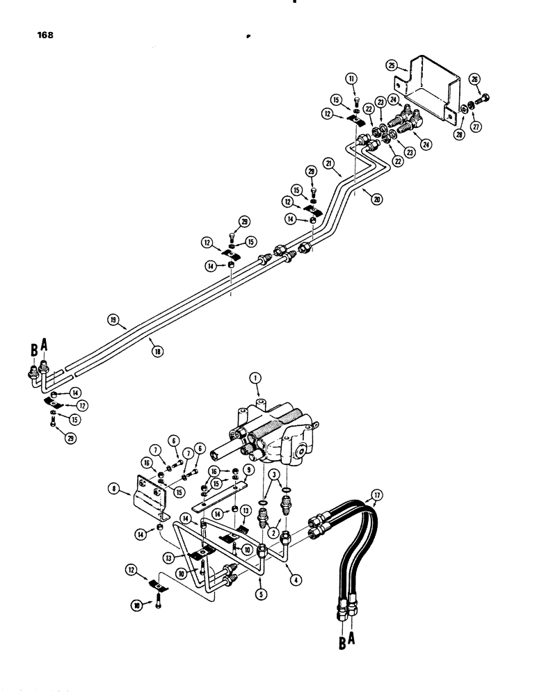 Схема запчастей Case 450B - (168) - DOZER TILT HYDRAULIC CIRCUIT, VALVE TO GRILLE (07) - HYDRAULIC SYSTEM