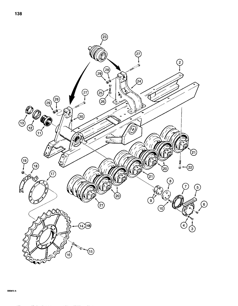 Схема запчастей Case 1155D - (138) - TRACK FRAME, SPROCKET, AND ROLLERS, 74" GAUGE WIDE TRACK & LGP DOZER MODELS (11) - TRACKS/STEERING