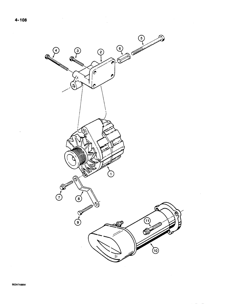 Схема запчастей Case W36 - (4-108) - 45 AMPERE ALTERNATOR AND STARTER MOUNTING (04) - ELECTRICAL SYSTEMS