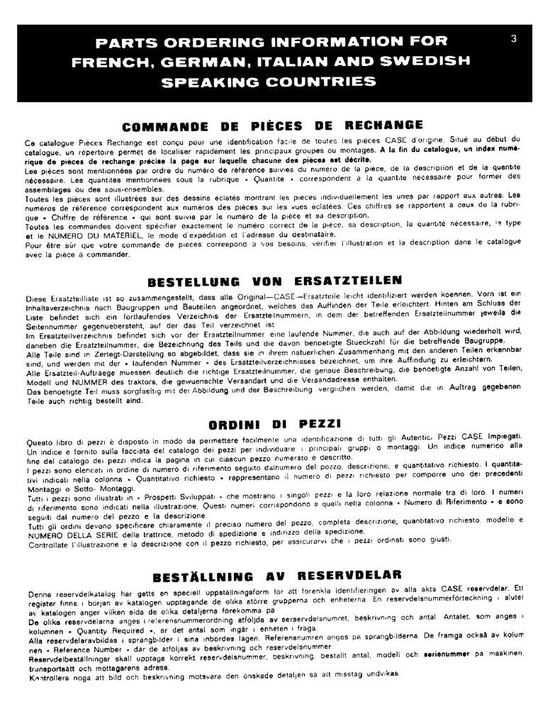 Схема запчастей Case 1187 - (003) - PARTS ORDERING INFORMATION FOR FRENCH, GERMAN, ITALIAN AND SWEDISH SPEAKING COUNTRIES (00) - GENERAL