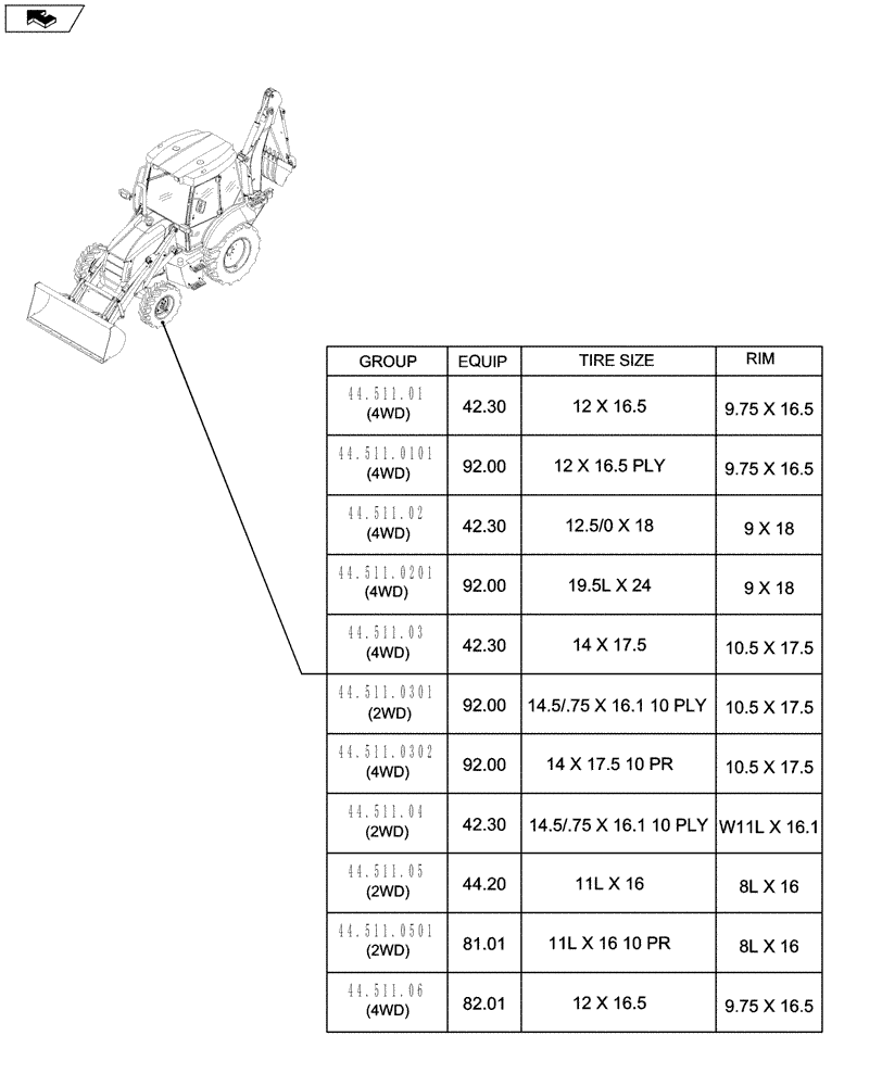 Схема запчастей Case 580SN WT - (00.000.44[02]) - PICTORIAL INDEX - AXLE AND WHEELS - FRONT (00) - GENERAL & PICTORIAL INDEX