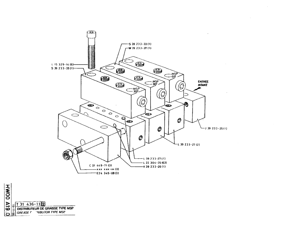 Схема запчастей Case 220B - (HW00 A19.0) - GREASE DISTRIBUTOR TYPE MSP (07) - HYDRAULIC SYSTEM