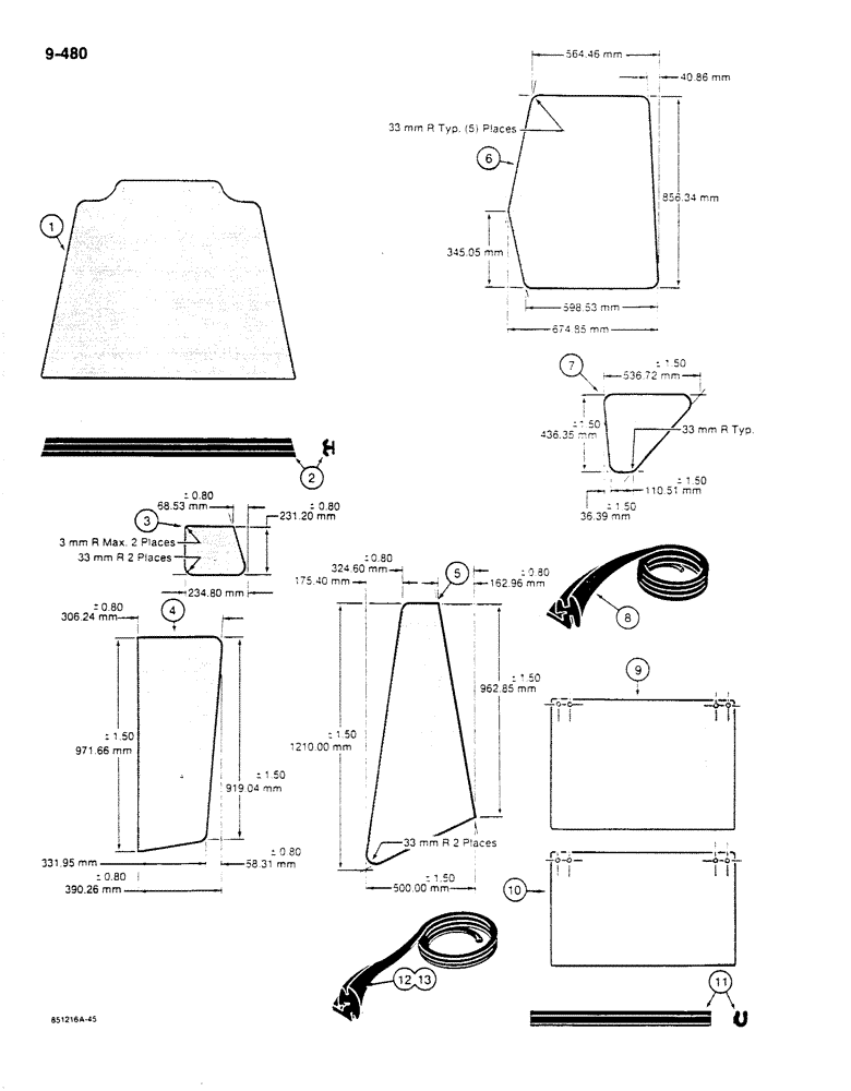 Схема запчастей Case 680K - (9-480) - CAB GLASS - METRIC DIMENSIONS (09) - CHASSIS/ATTACHMENTS
