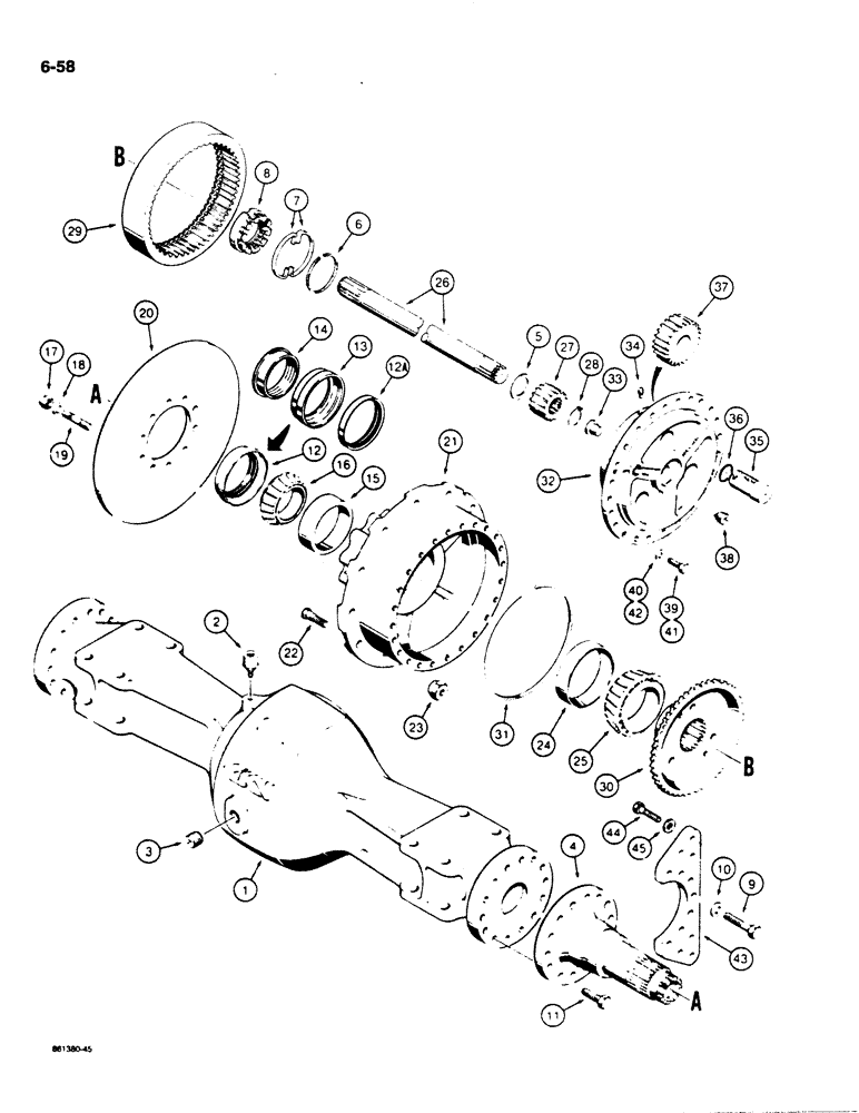 Схема запчастей Case W20C - (6-58) - W20C AXLE HOUSING AND PLANETARY, AXLES - L60900, L78001, L113585, AND L118130 (06) - POWER TRAIN