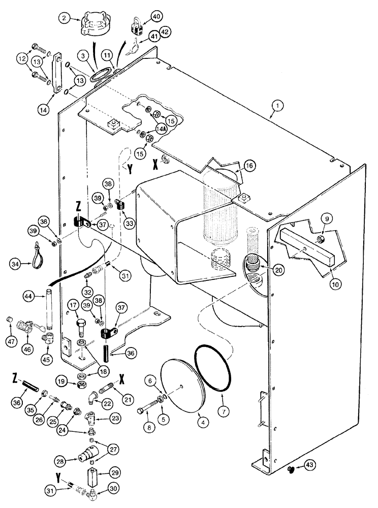 Схема запчастей Case 921B - (8-002) - HYDRAULIC RESERVOIR, PRIOR TO P.I.N. JEE0052902 (08) - HYDRAULICS