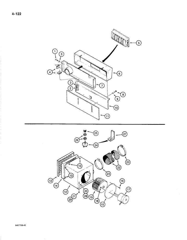 Схема запчастей Case 1187B - (4-122) - HEATER SHROUDING AND HEATER (04) - ELECTRICAL SYSTEMS