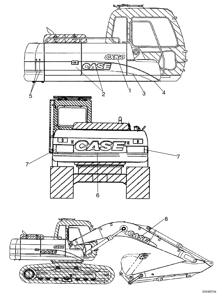 Схема запчастей Case CX160 - (09-45) - DECALS (09) - CHASSIS/ATTACHMENTS