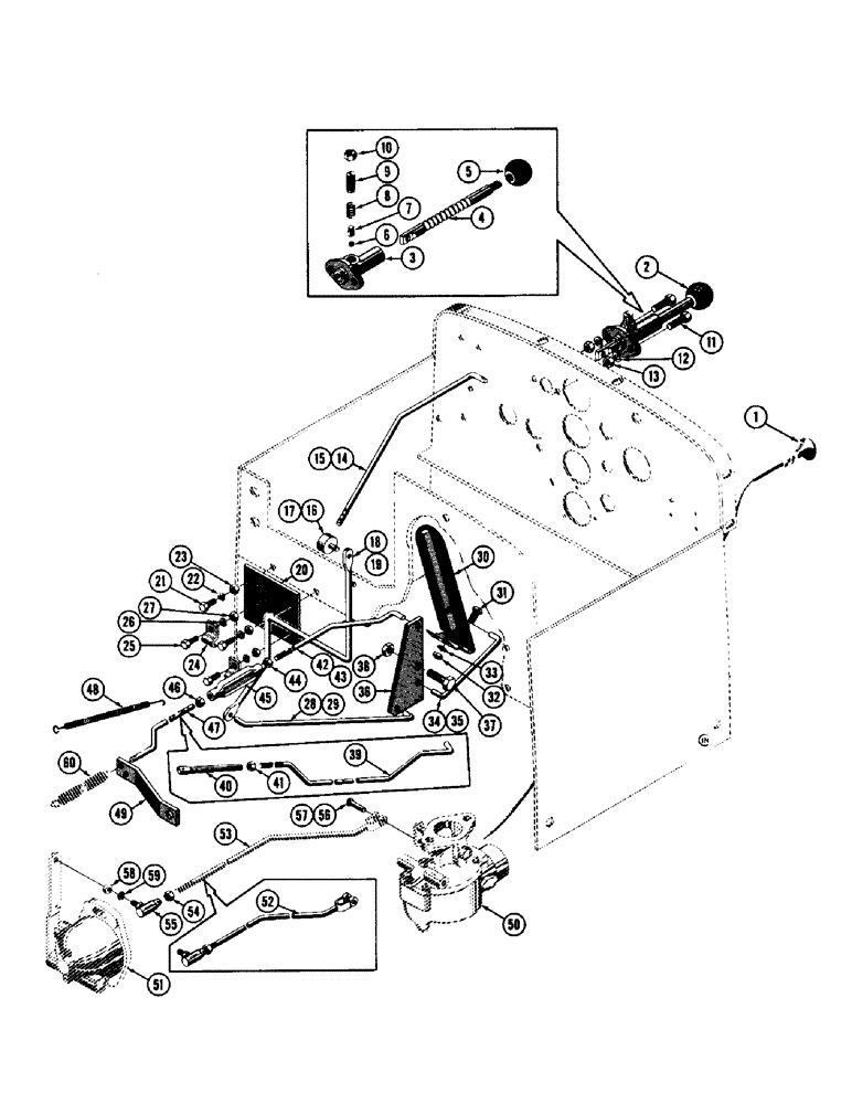 Схема запчастей Case 600 - (054) - ENGINE CONTROL SYSTEM, CHOKE, THROTTLE, ACCELERATOR, LINKAGE (USED UP TO S/N 9-9-56) (06) - ELECTRICAL SYSTEMS