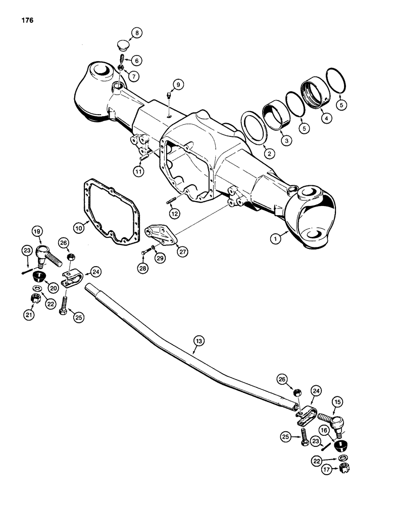 Схема запчастей Case 586D - (176) - REAR DRIVE AXLE, HOUSING AND TIE ROD, FOUR WHEEL DRIVE MODELS (27) - REAR AXLE SYSTEM