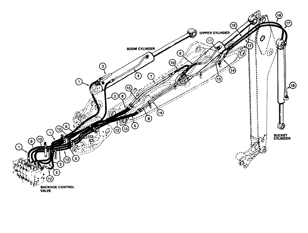 Схема запчастей Case 590 - (1-18) - PICTORIAL INDEX, BACKHOE HYDRAULICS, BOOM, DIPPER, AND BUCKET (00) - PICTORIAL INDEX