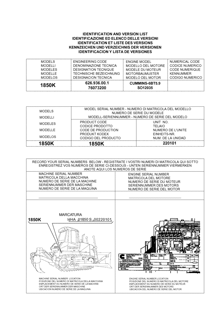 Схема запчастей Case 1850K - (0.0 - VERSION[0]) - IDENTIFICATION AND VERSION LIST (00) - GENERAL
