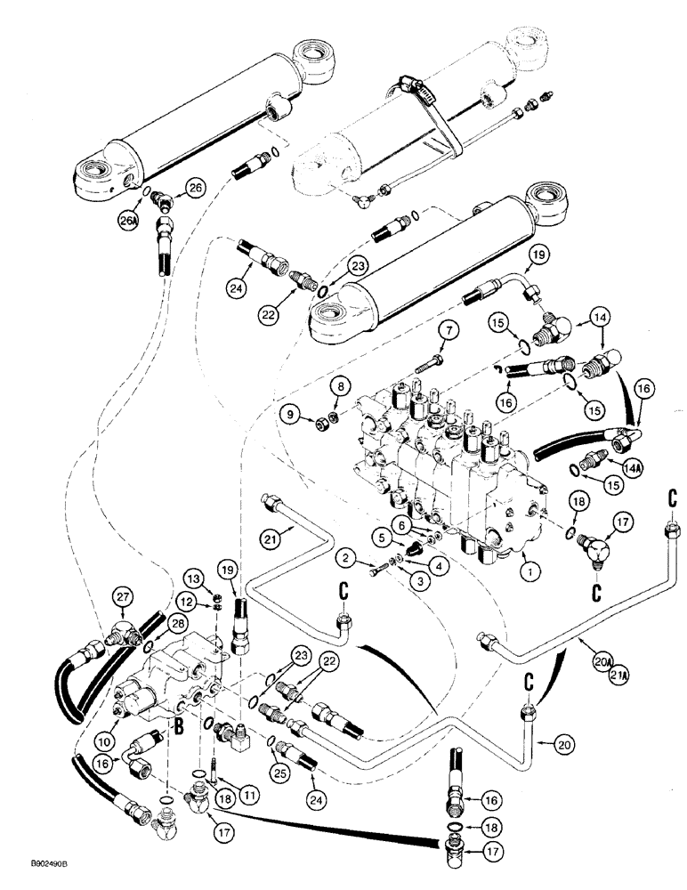 Схема запчастей Case 590 - (8-024) - BACKHOE SWING CYLINDER AND, SWING SEQUENCE VALVE HYDRAULIC CIRCUIT (08) - HYDRAULICS