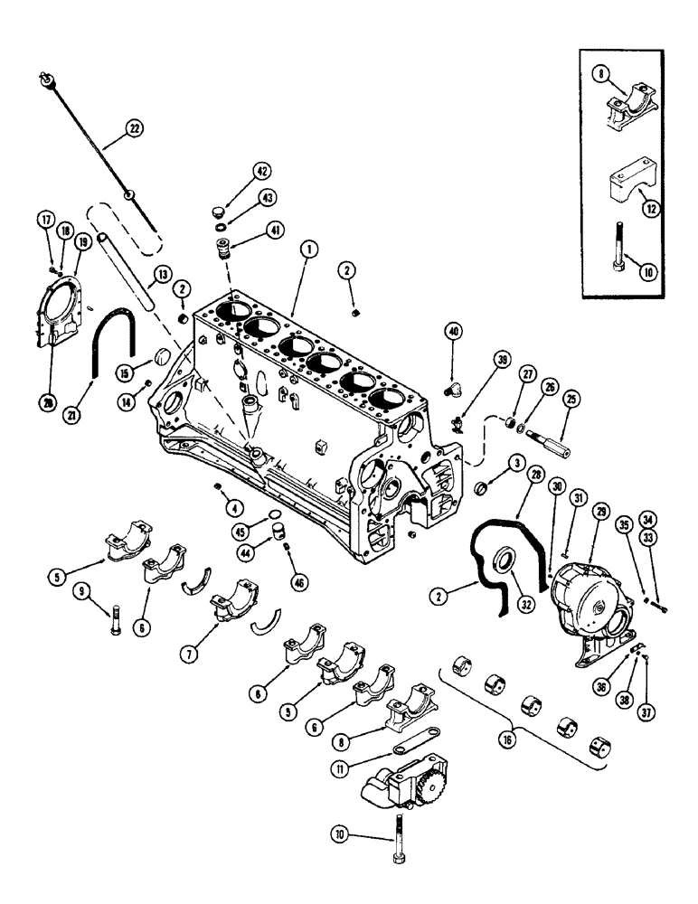 Схема запчастей Case 1150 - (016) - CYLINDER BLOCK ASSEMBLY, (401) DIESEL ENGINE, 1ST USED ENG. 2174169 (01) - ENGINE