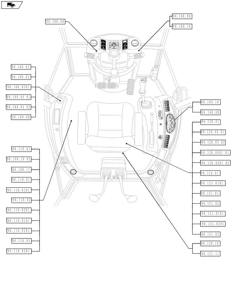 Схема запчастей Case 590SN - (90.000.00[02]) - PICTORIAL INDEX - PLATFORM, CAB, BODYWORK AND DECALS (90) - PLATFORM, CAB, BODYWORK AND DECALS