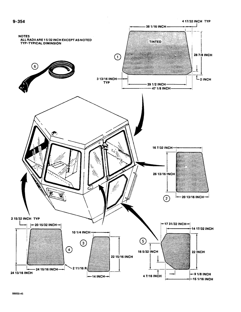 Схема запчастей Case W36 - (9-354) - CAB GLASS AND MOLDINGS, U.S. DIMENSIONS (09) - CHASSIS/ATTACHMENTS