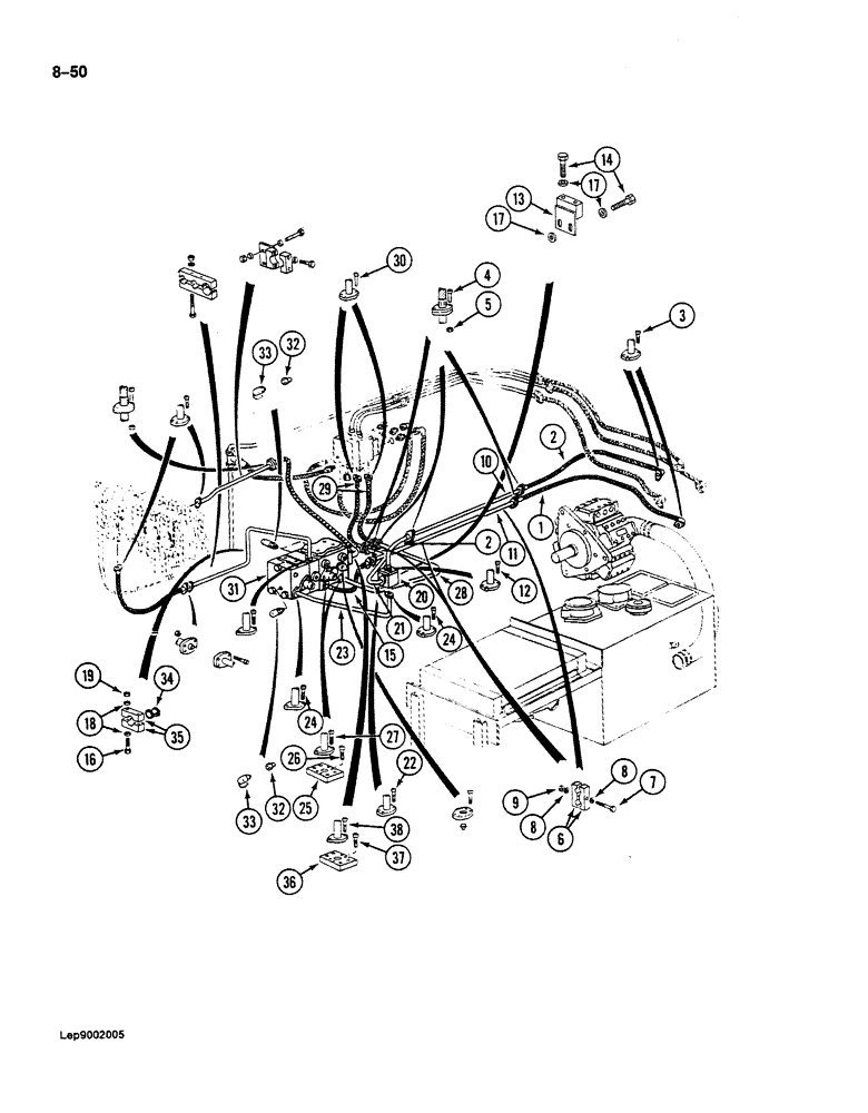 Схема запчастей Case 125B - (8-050) - HYDRAULIC PUMP LINES, P.I.N. 21807 THROUGH 21868,, 26801 AND AFTER (08) - HYDRAULICS