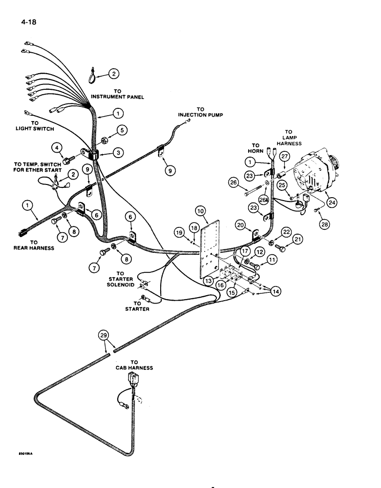 Схема запчастей Case 850D - (4-18) - FRONT WIRING HARNESS, AND DELCO-REMY ALTERNATOR MOUNTING (04) - ELECTRICAL SYSTEMS