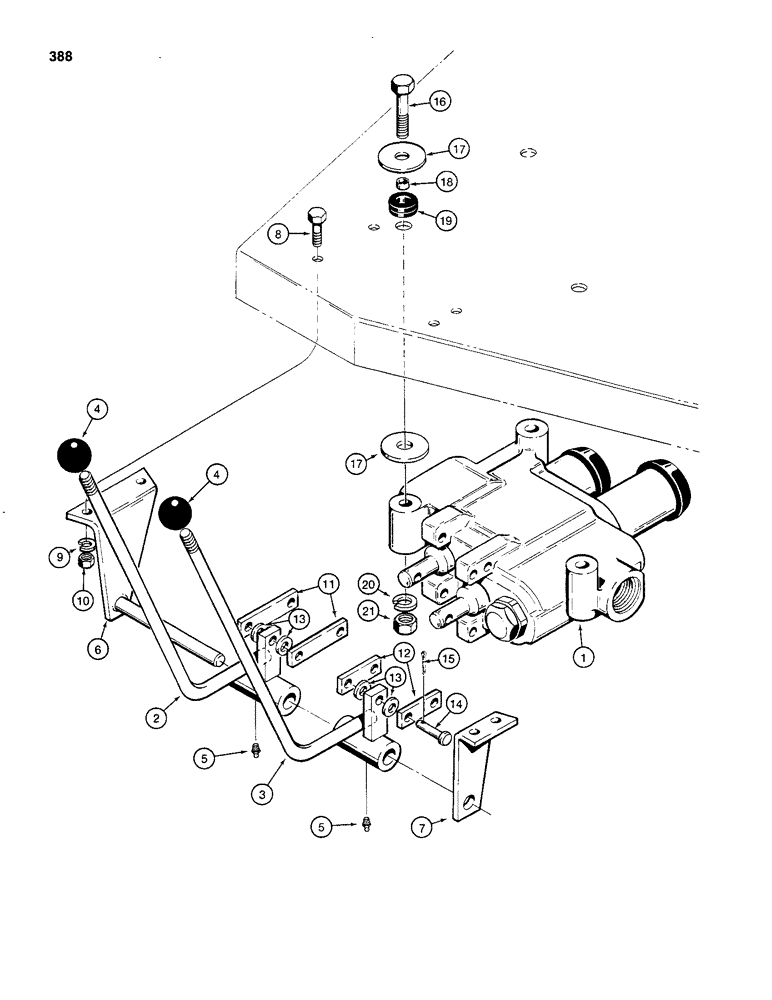 Схема запчастей Case 480C - (388) - LOADER CONTROLS, DUAL CONTROL LEVERS, USED WITH GRESEN LOADER CONTROL VALVE (84) - BOOMS, DIPPERS & BUCKETS