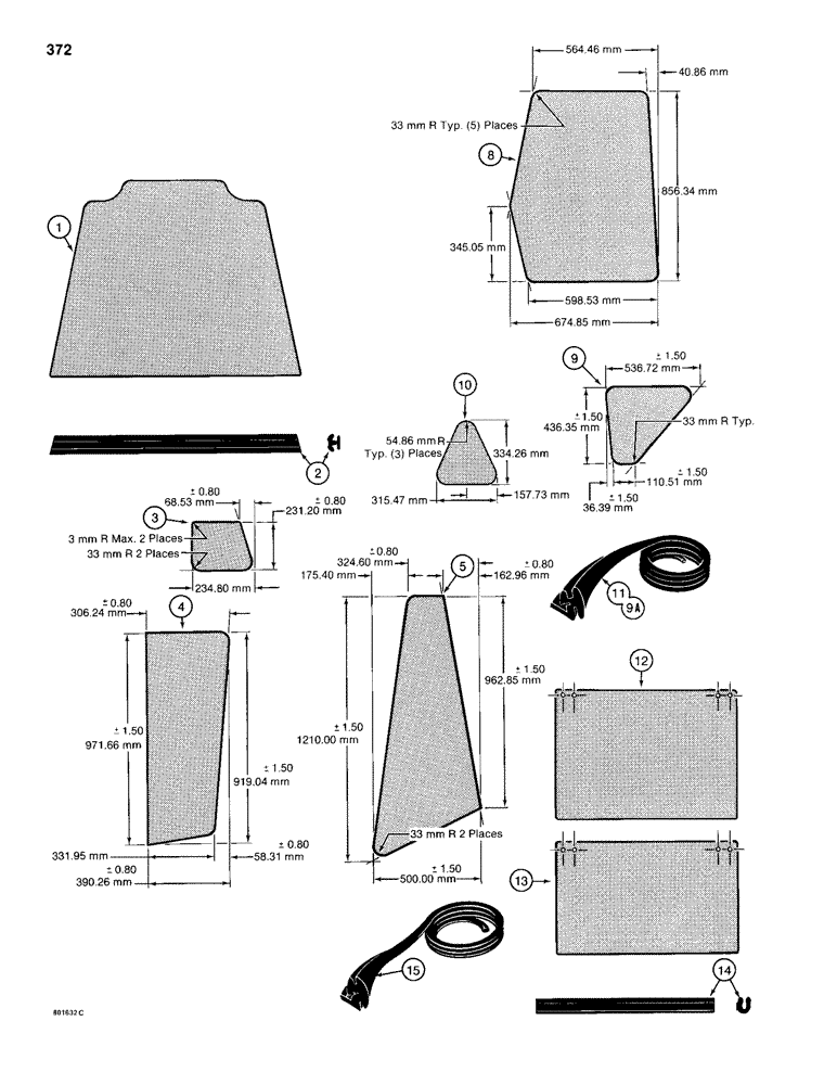 Схема запчастей Case 680H - (372) - CAB GLASS - METRIC DIMENSIONS (09) - CHASSIS/ATTACHMENTS