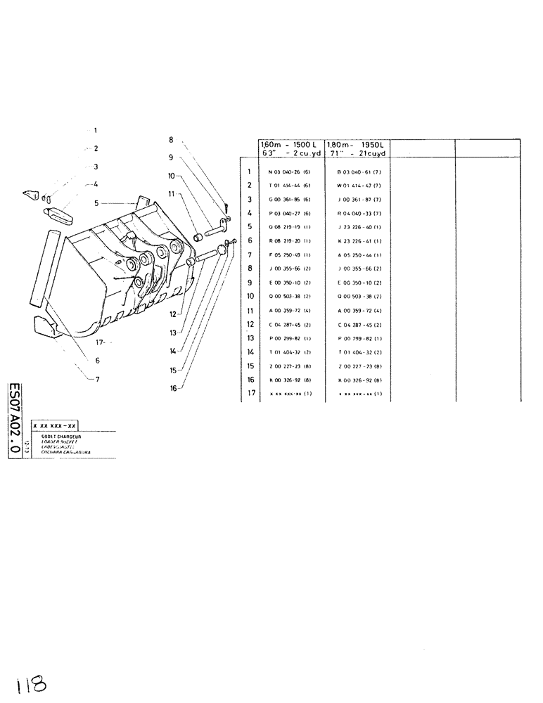 Схема запчастей Case SC150 - (118) - LOADER BUCKET, 1,60M - 1500L, 63" - 2 CU. YD. 