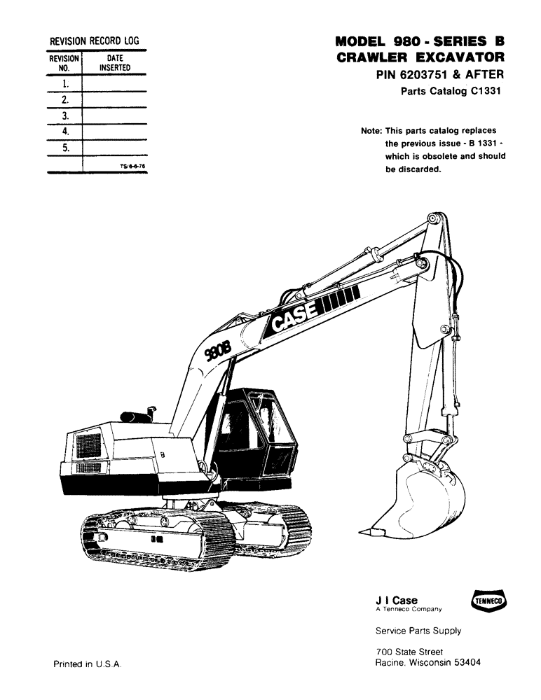 Схема запчастей Case 980B - (001A) - 980B EXCAVATOR (00) - GENERAL