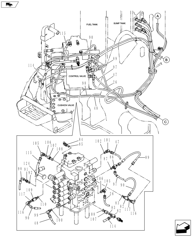 Схема запчастей Case CX145C SR - (35.357.AP[03]) - PILOT PRESSURE AND RETURN LINE (35) - HYDRAULIC SYSTEMS