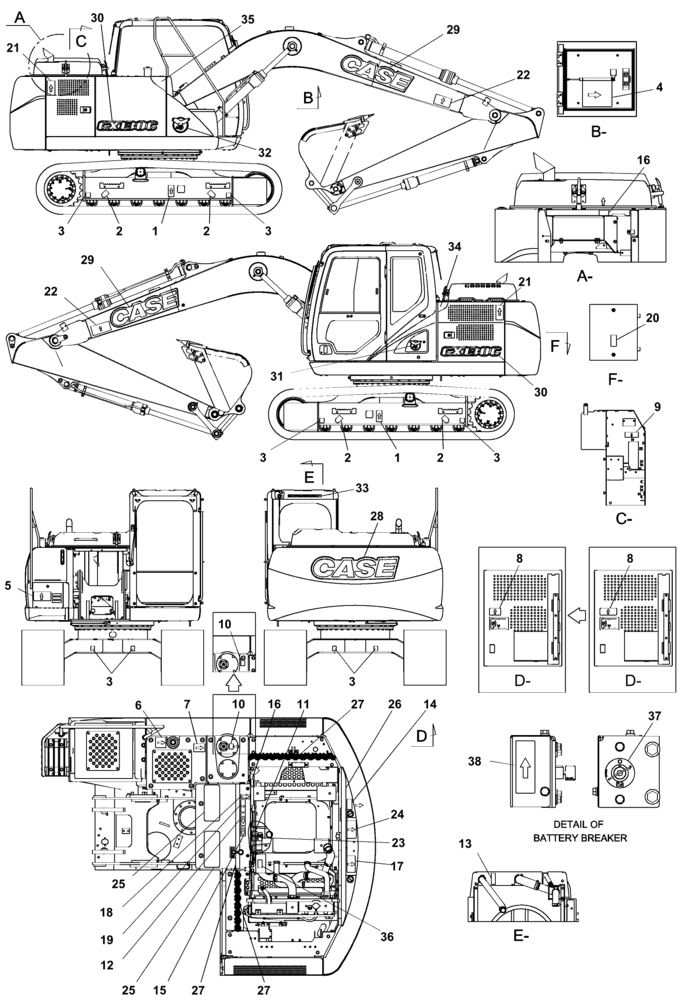 Схема запчастей Case CX130C - (90.108.AB) - DECALS - PAINTING (90) - PLATFORM, CAB, BODYWORK AND DECALS