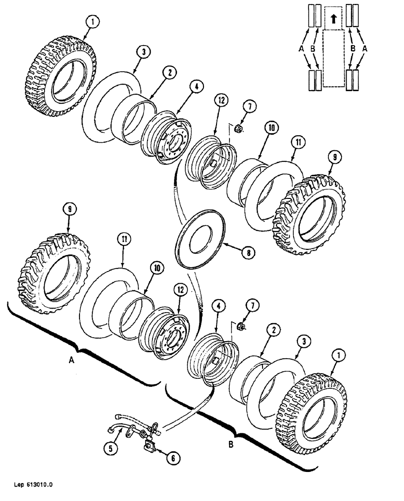 Схема запчастей Case 688B - (56) - SET OF 8 WHEELS, VERSION : 10.00-20 NB 59 PR16, VERSION : 10.00-20 NB 38 (04) - UNDERCARRIAGE